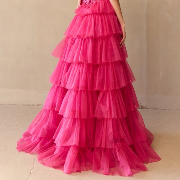 New Strapless Long Ruffled Prom Dress w/ Sheer Embroidered Boned Bodice AC 9053 - Picture 7 of 10